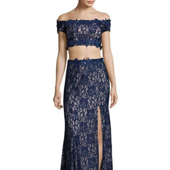 Sequin Hearts Two-Piece Lace Off-Shoulder Gown-BLUE-7 - Picture 1 of 5